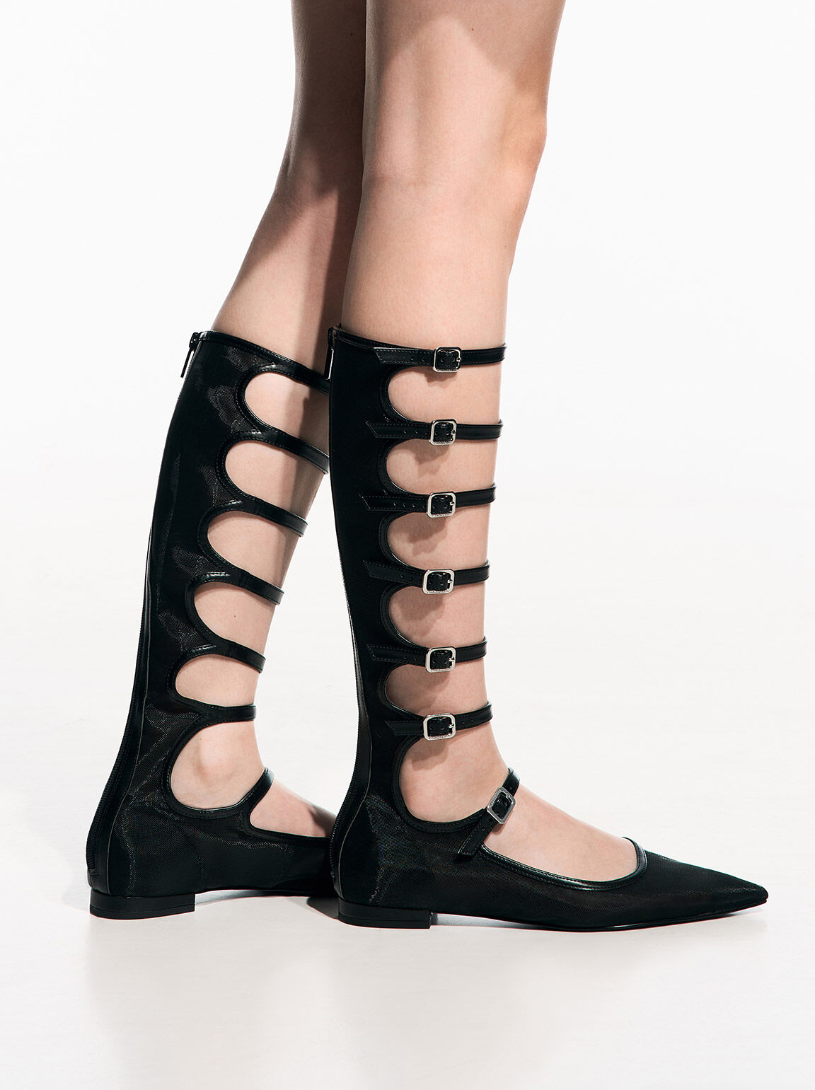 Giày sandals Lyric Mesh Gladiator Pointed-Toe, Đen họa tiết, hi-res