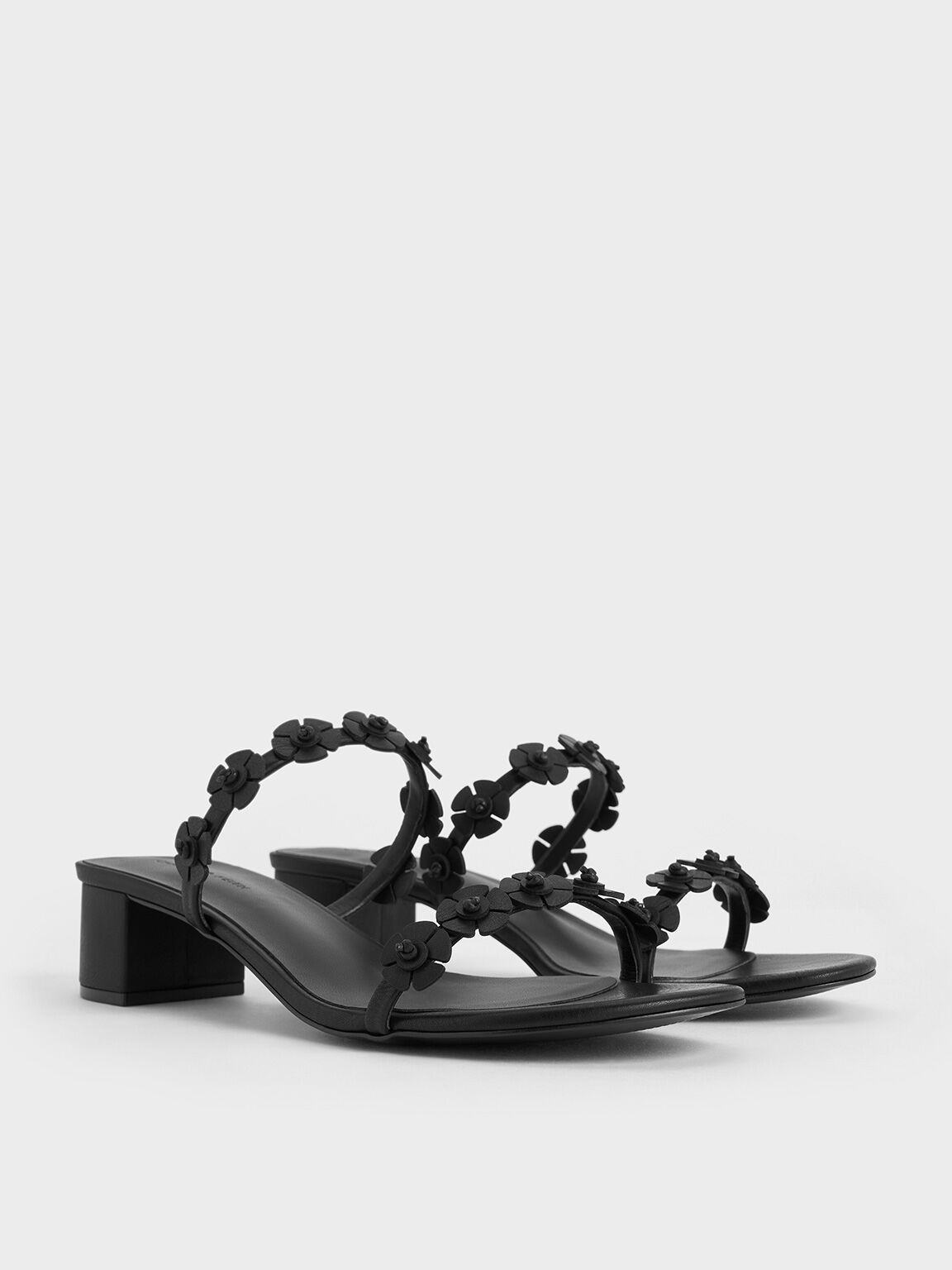 Floral-Embellished Double-Strap Sandals, Black, hi-res