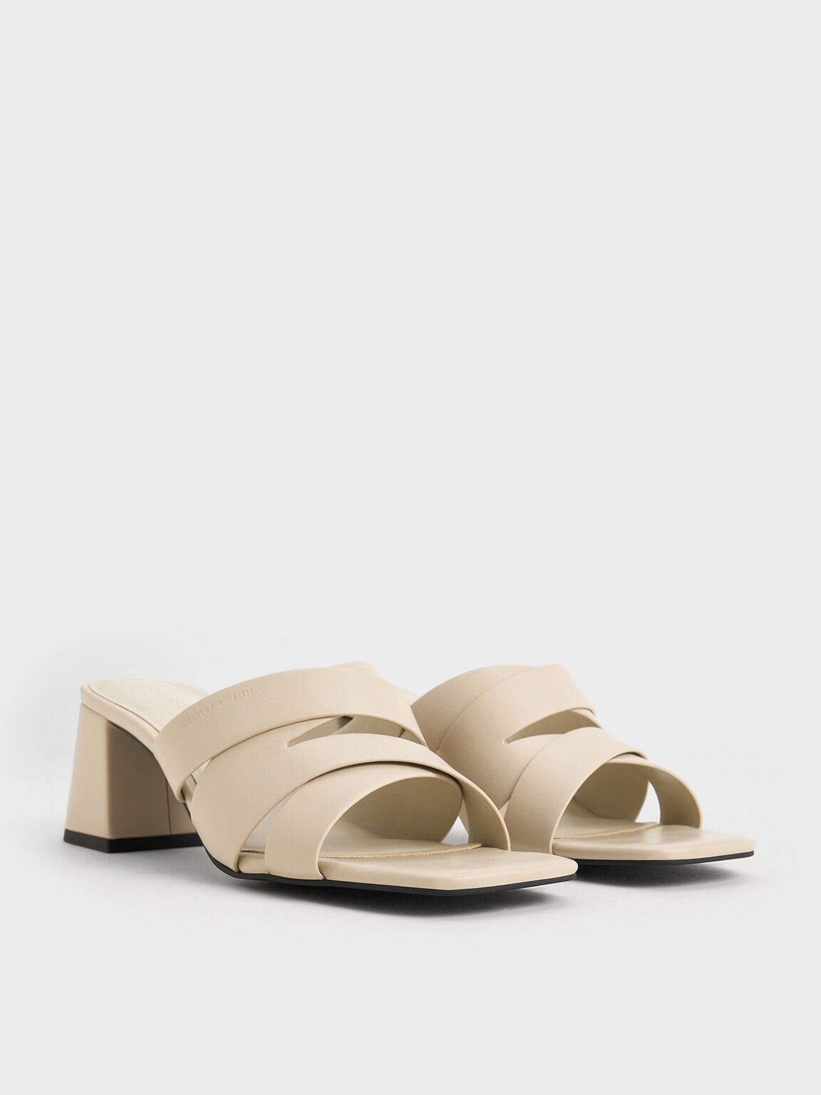 Giày mules cao gót Crossover-Strap Square-Toe Block-Heel, Be, hi-res