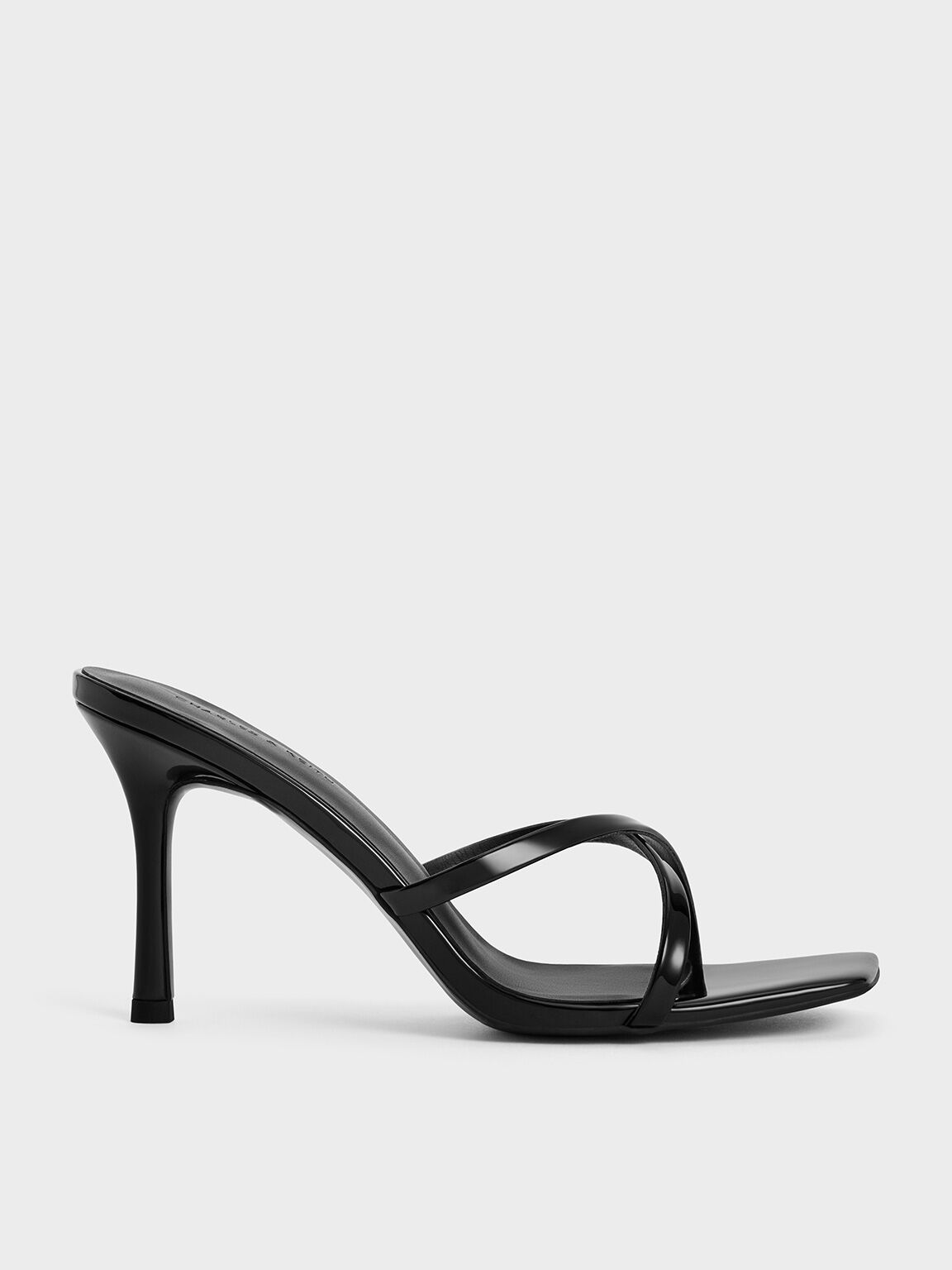 Patent Crossover-Strap Stiletto-Heel Sandals, Black Patent, hi-res