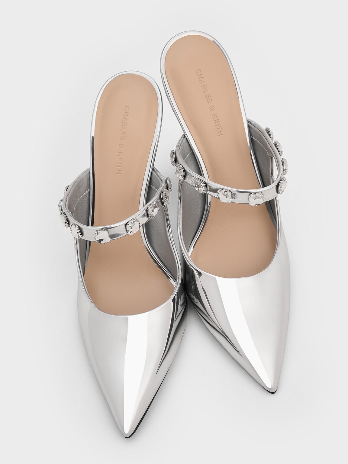 Metallic Gem-Embellished Spool-Heel Mules, Silver, hi-res