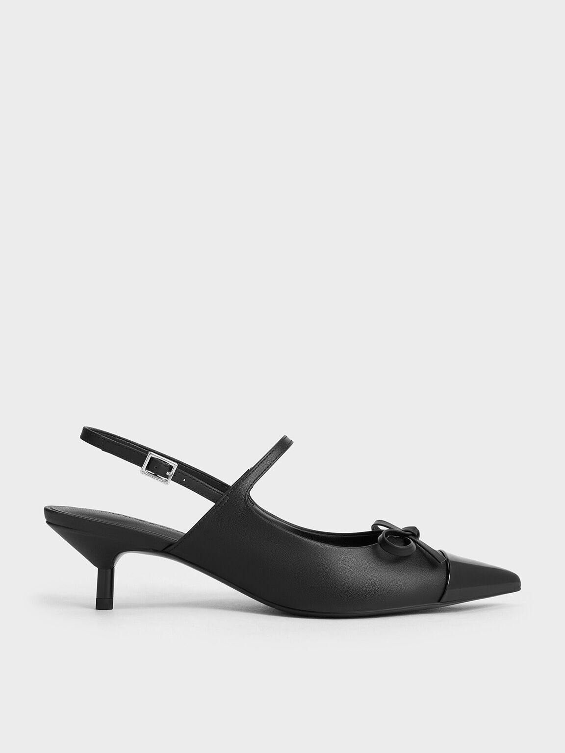 Bow Cap-Toe Kitten-Heel Slingback Pumps, Black, hi-res