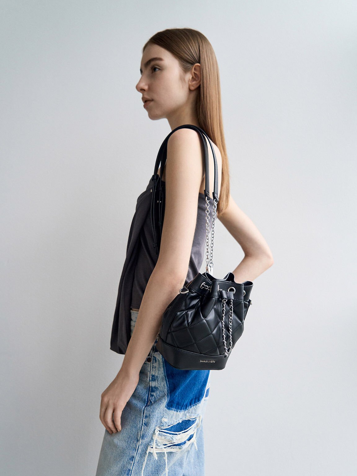 Túi bucket chữ nhật Quilted Two-Way, Noir, hi-res