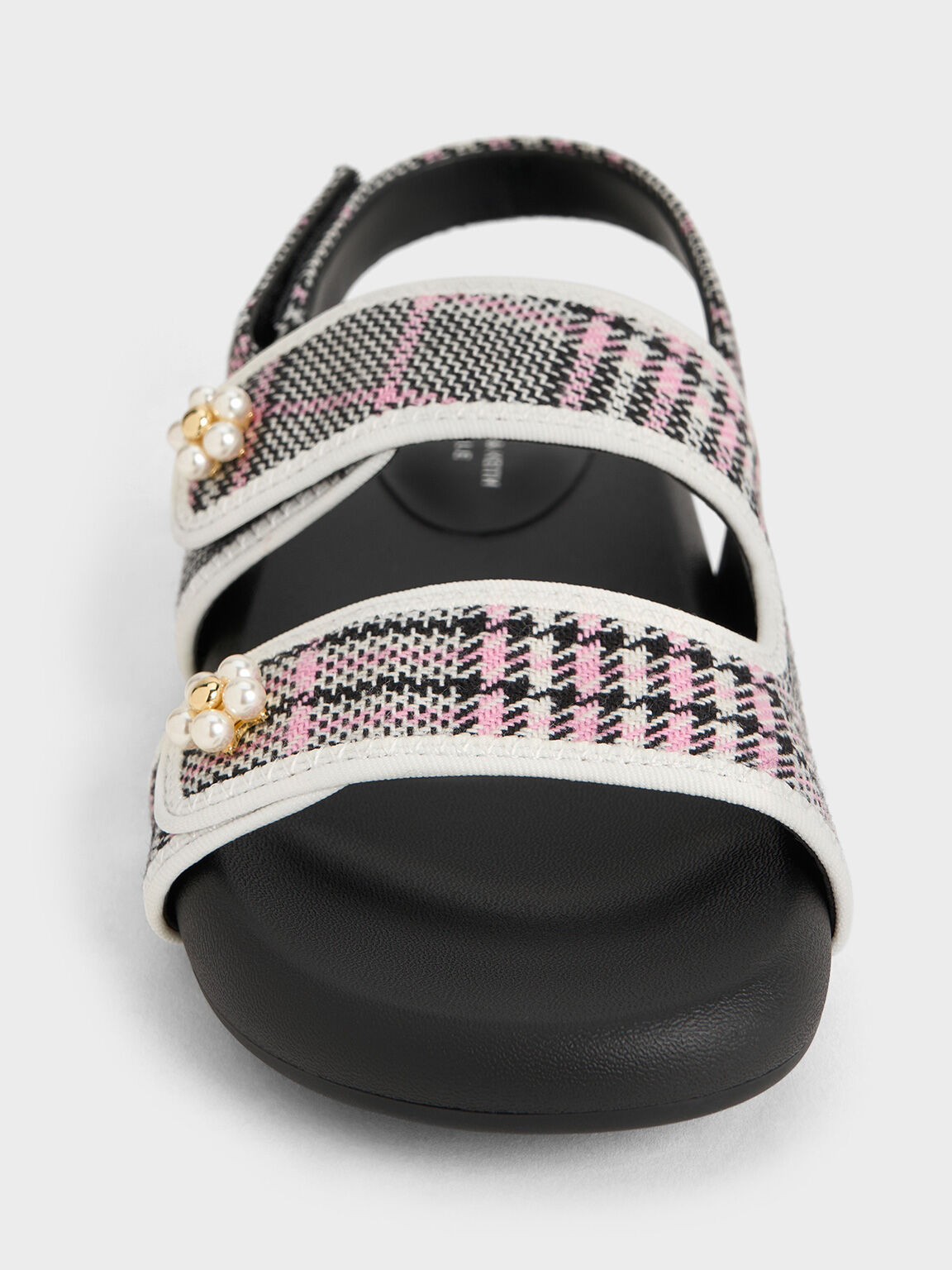 Giày sandals bé gái Plaid Beaded-Flower, Hồng, hi-res