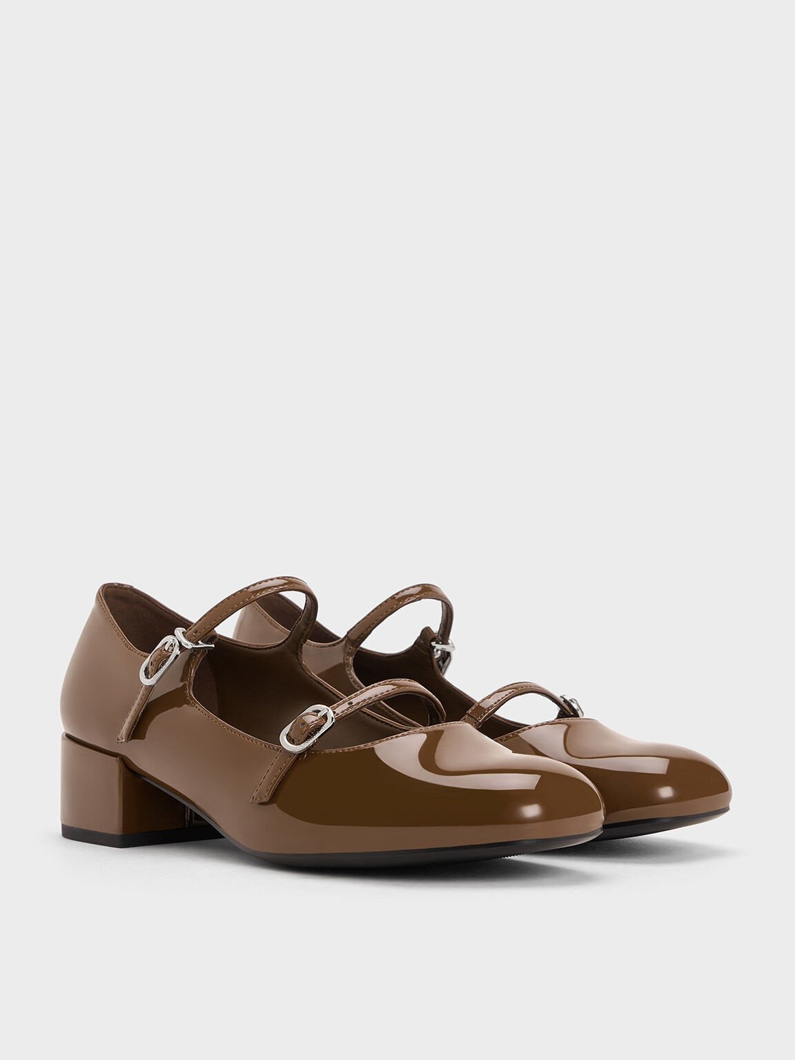 Double-Strap Block-Heel Mary Janes, Brown, hi-res