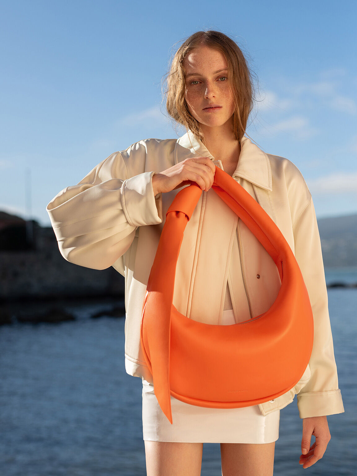 Toni Knotted Curved Hobo Bag, Orange, hi-res