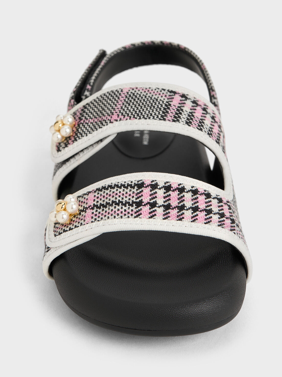 Giày sandals bé gái Plaid Beaded-Flower, Hồng phấn, hi-res