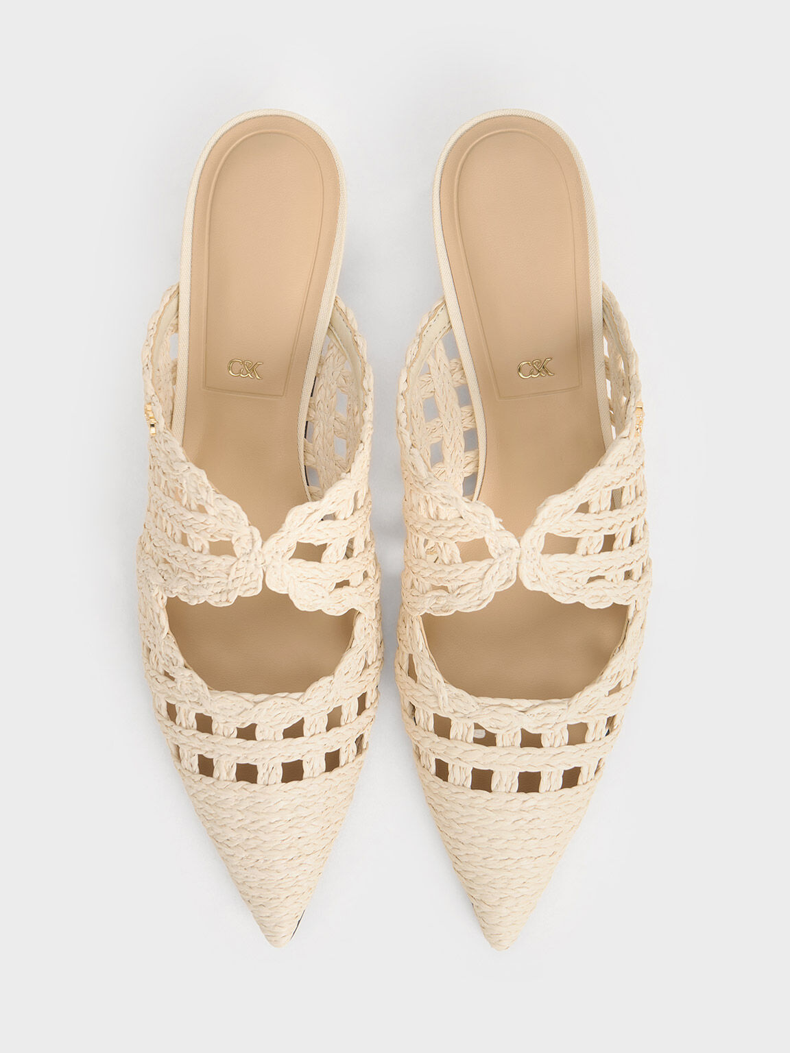 Giày mules cao gót Raffia Kitten-Heel Pointed-Toe, Trắng, hi-res