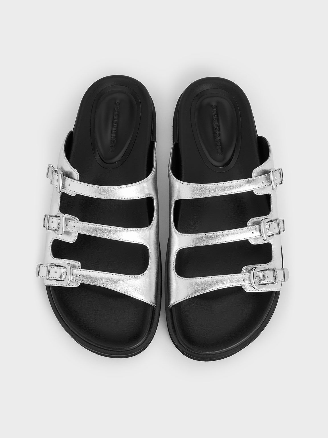 Metallic Buckled Triple-Strap Sandals, Silver, hi-res