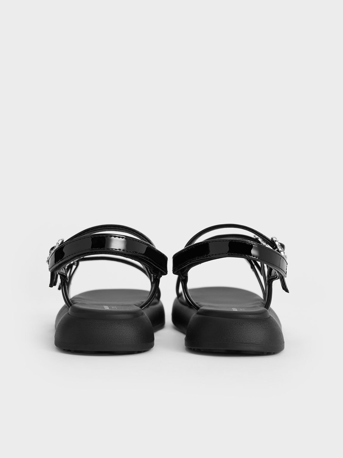 Girls' Patent Heart-Embellished Strappy Sandals, Black Patent, hi-res