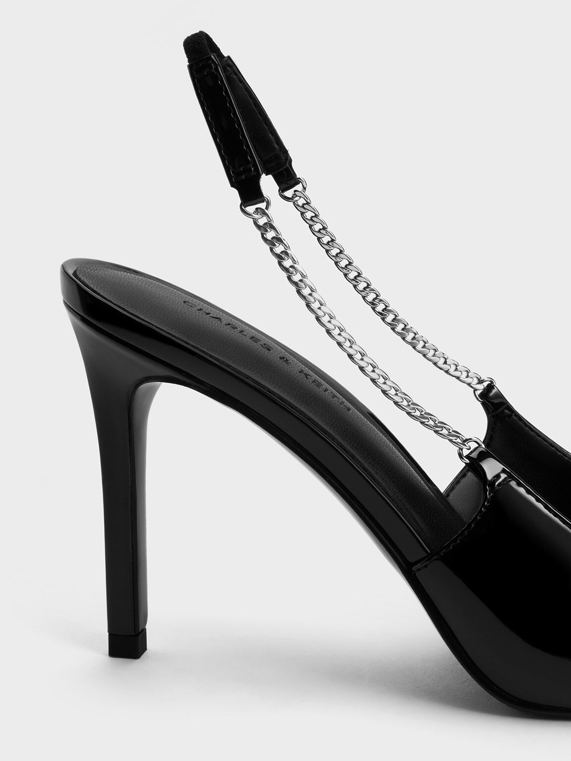 Giày cao gót mũi nhọn Patent Chain-Link Pointed-Toe, Đen bóng, hi-res