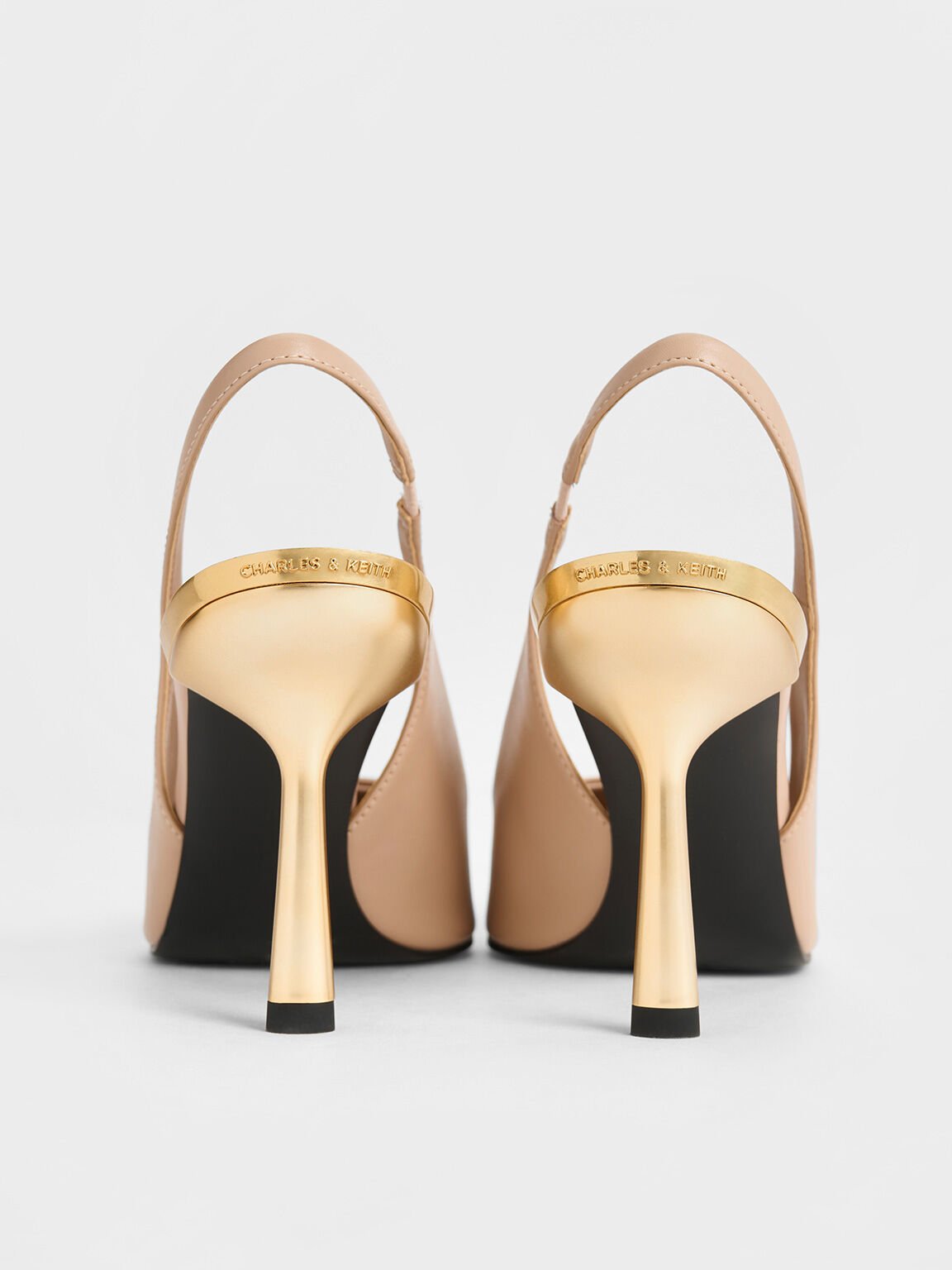 Metallic-Heel Pointed-Toe Slingback Pumps, Nude, hi-res