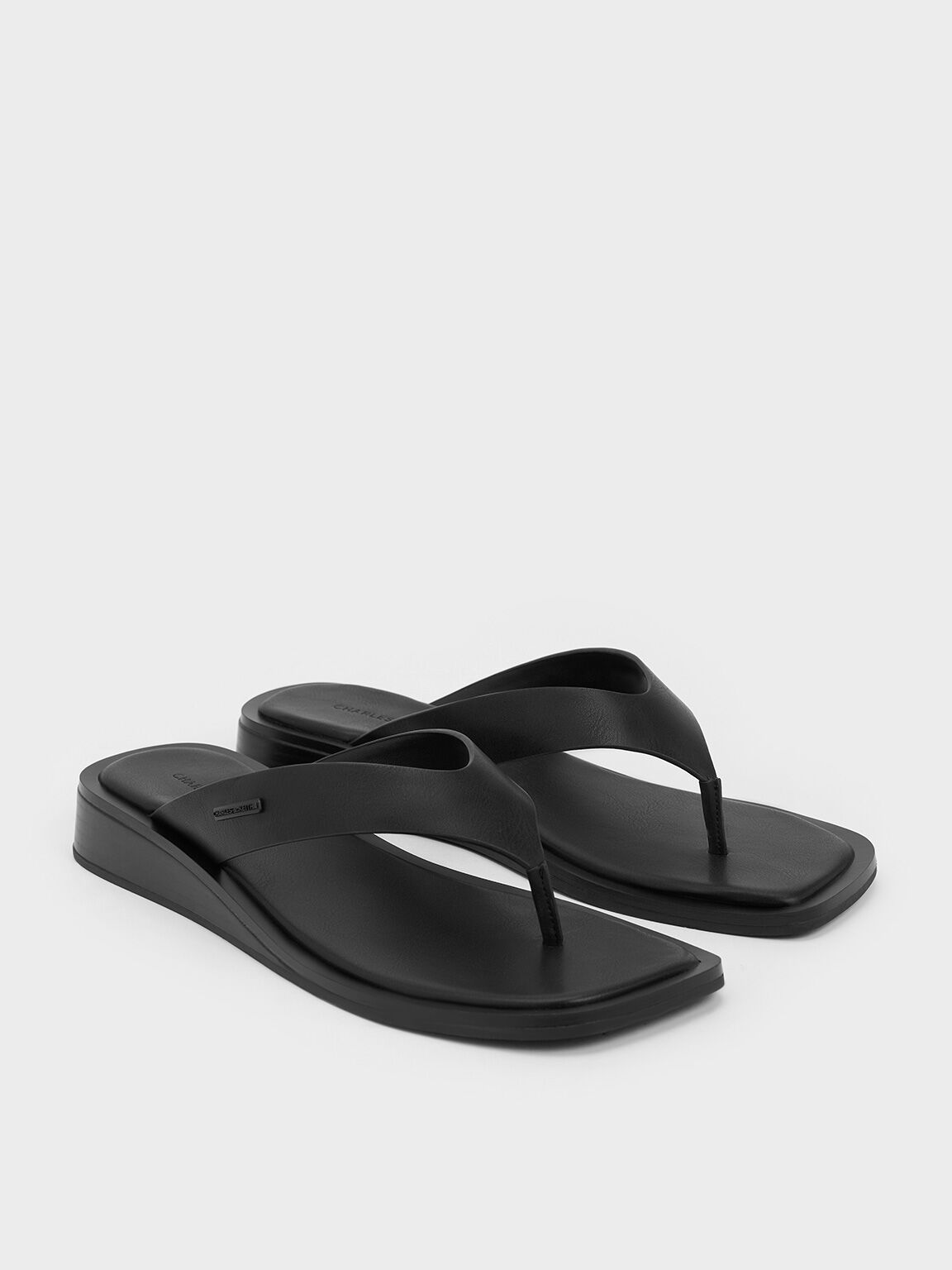 V-Strap Wedge Thong Sandals, Black, hi-res