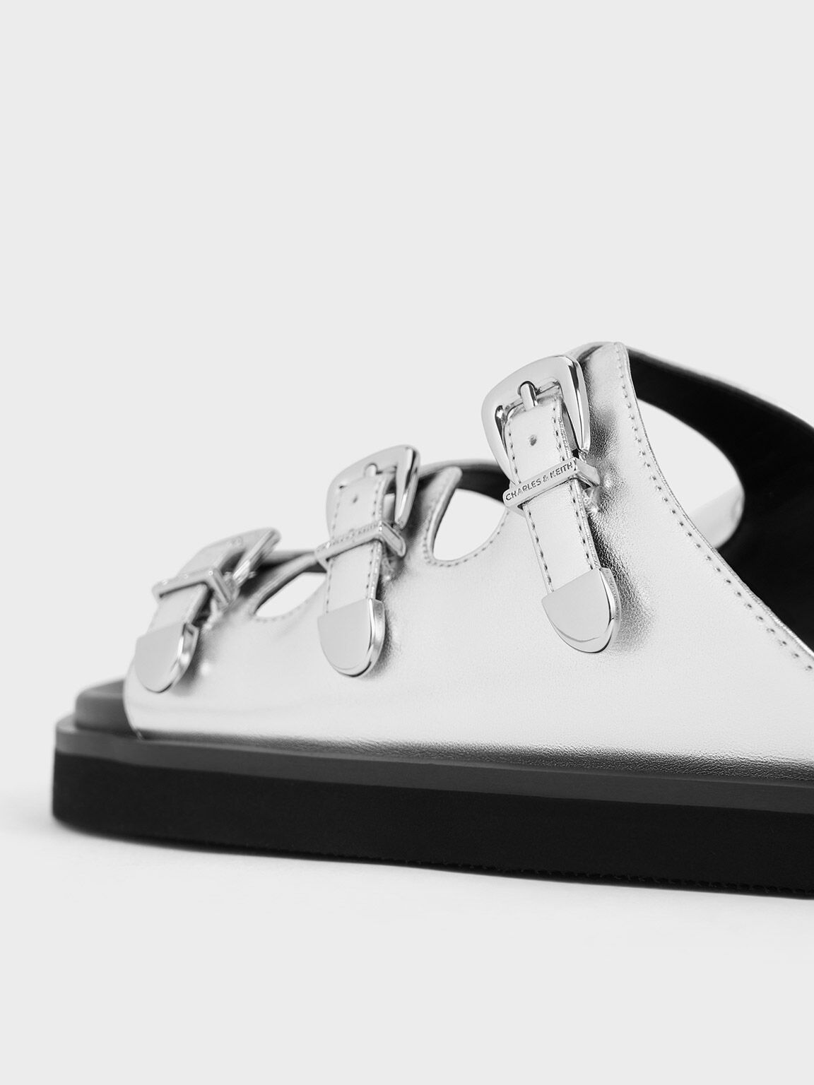 Metallic Buckled Triple-Strap Sandals, Silver, hi-res