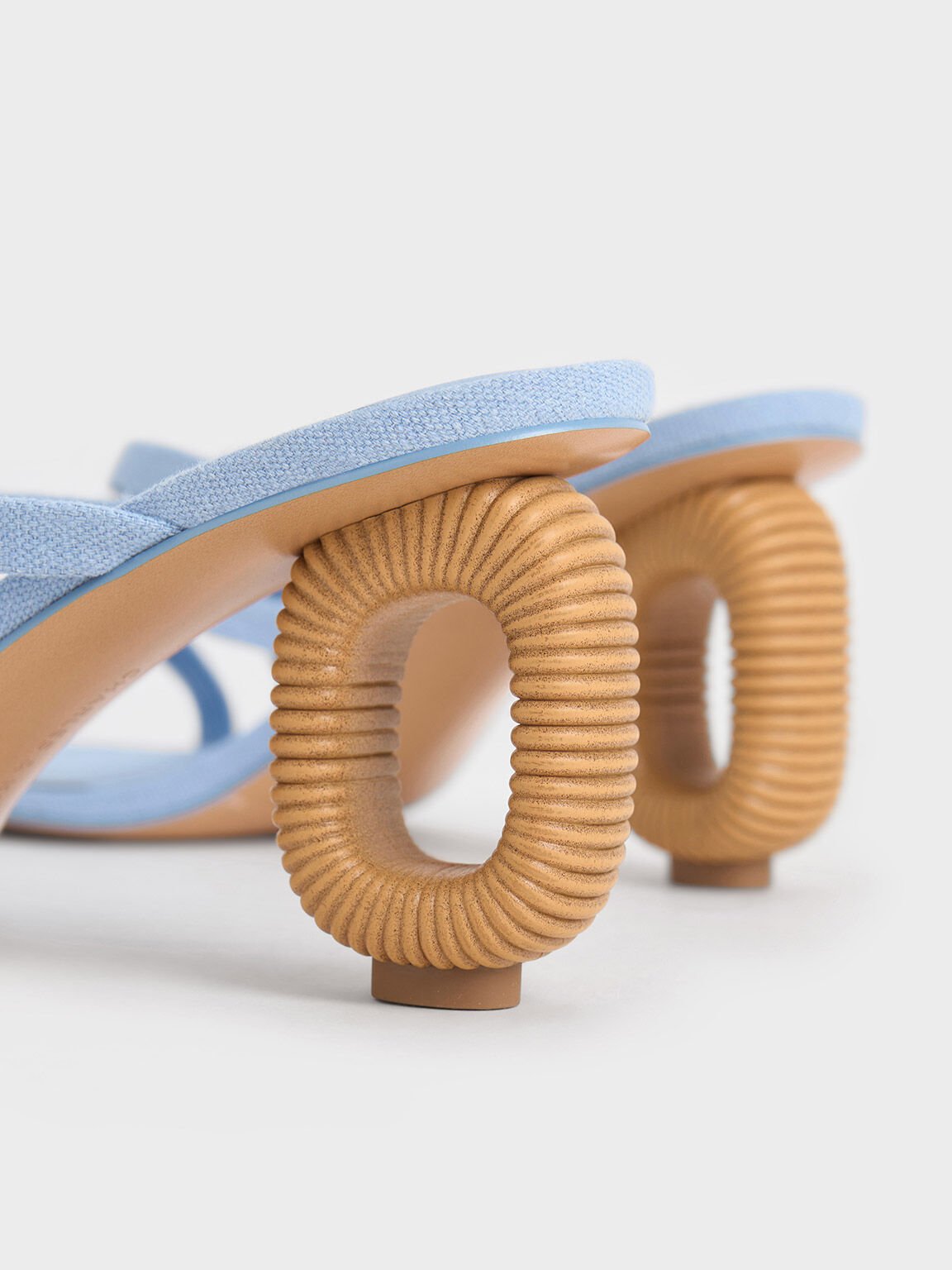 Linen Sculptural-Heel Strappy Mules, Light Blue, hi-res