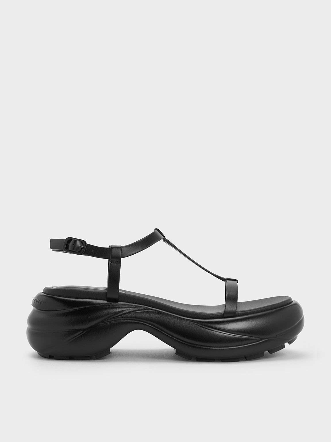 Giày sandals đế xuồng T-Bar Curved Platform Sports, Đen, hi-res