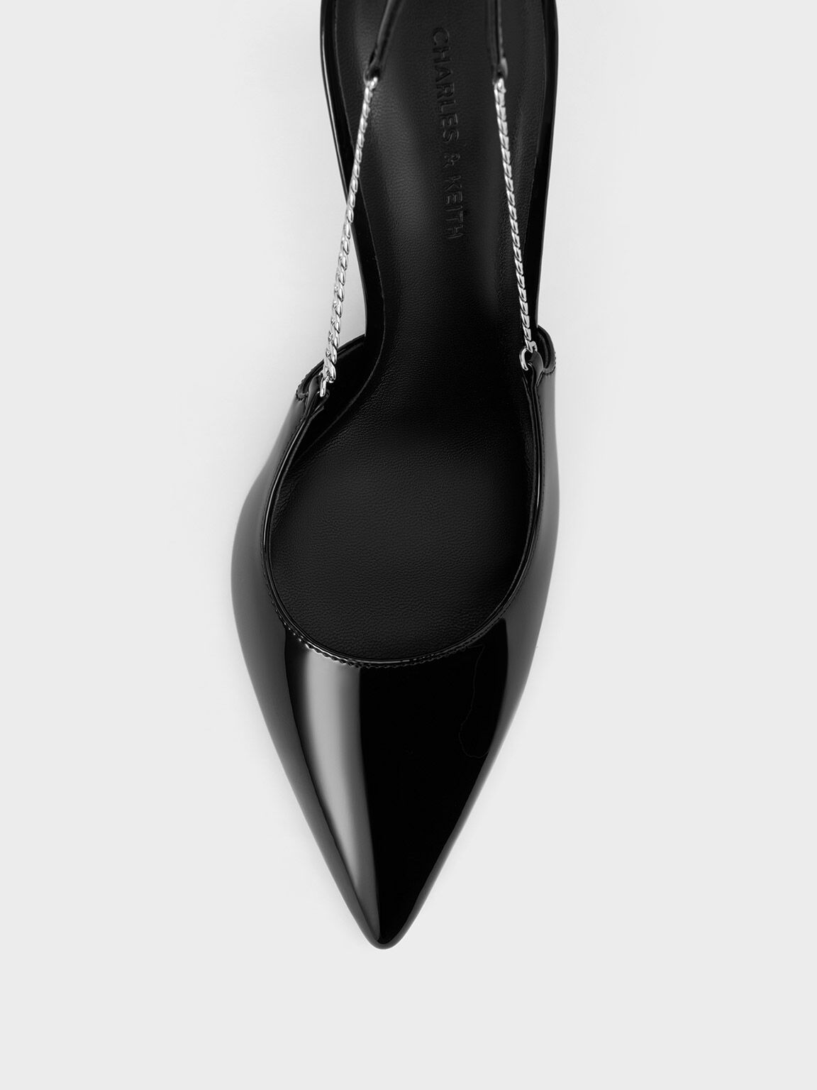 Patent Chain-Link Pointed-Toe Slingback Pumps, Black Patent, hi-res