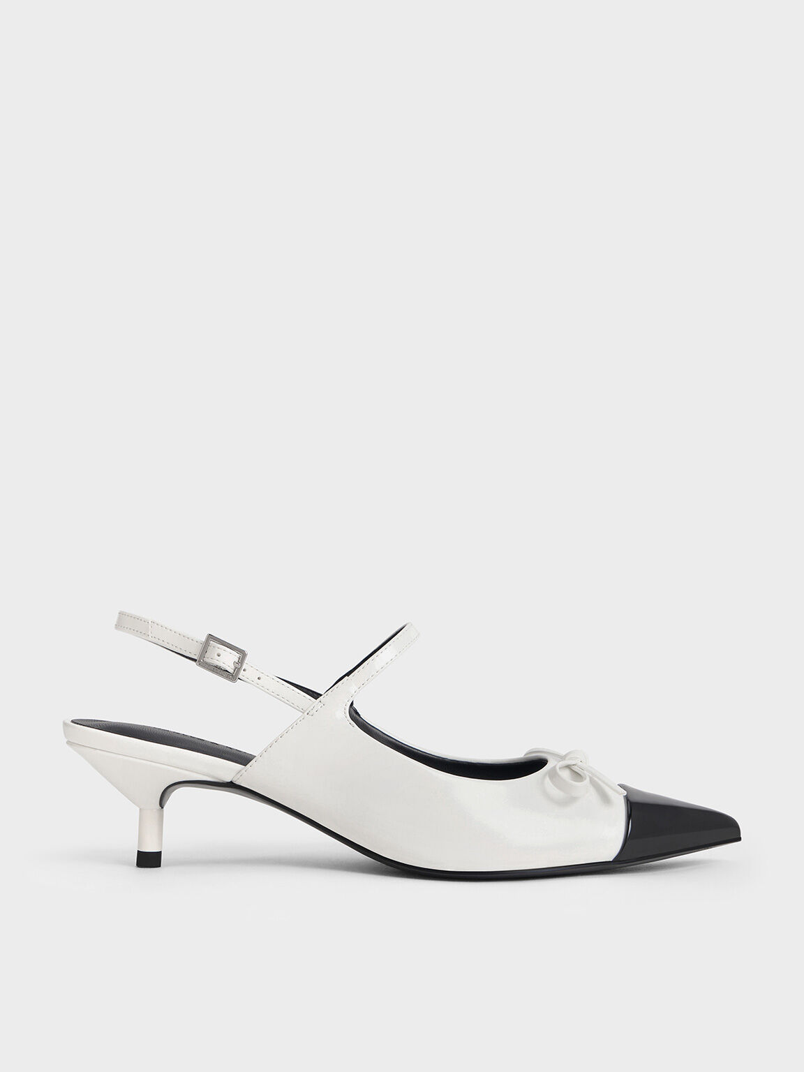 Bow Cap-Toe Kitten-Heel Slingback Pumps, White, hi-res