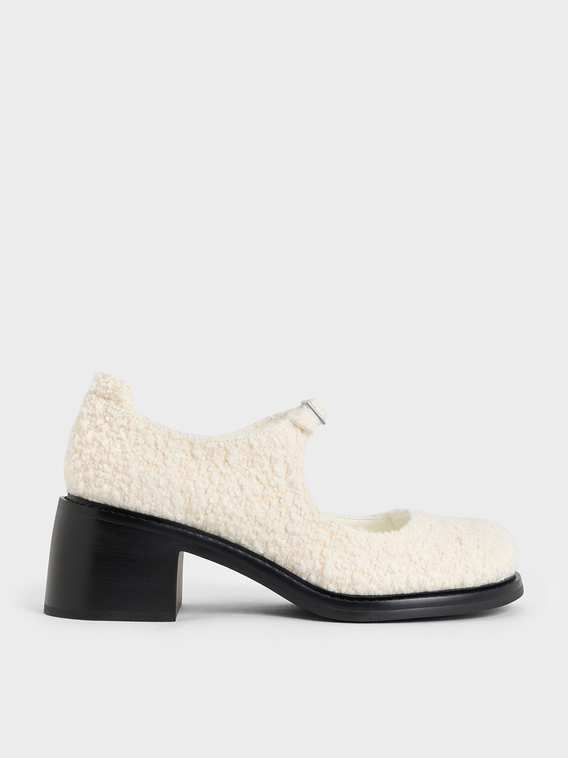 Giày cao gót mũi tròn Rooney Furry Buckled Block-Heel, Trắng, hi-res