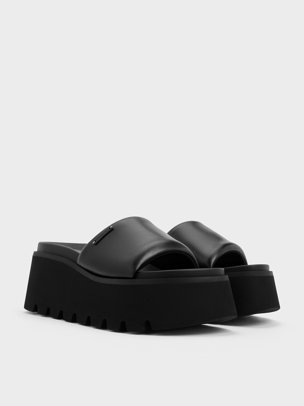 Puffy-Strap Flatform Sandals, Black, hi-res