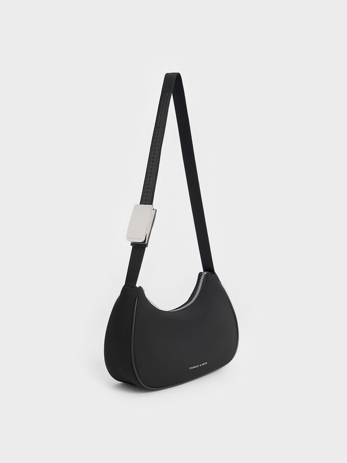 Nylon Curved Metallic-Accent Shoulder Bag, Noir, hi-res