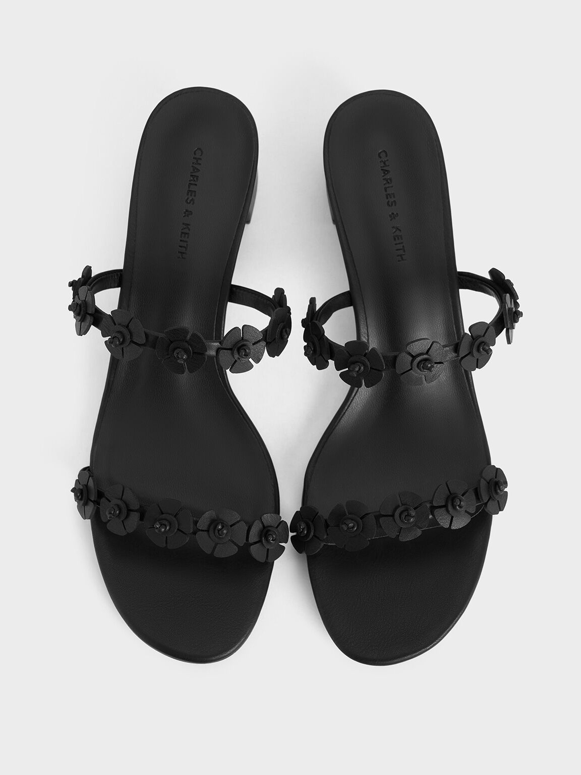 Floral-Embellished Double-Strap Sandals, Black, hi-res