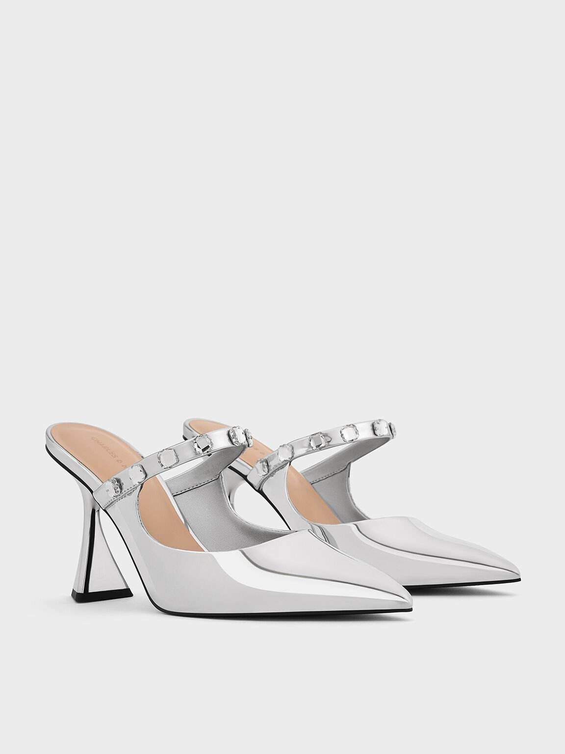 Metallic Gem-Embellished Spool-Heel Mules, Silver, hi-res