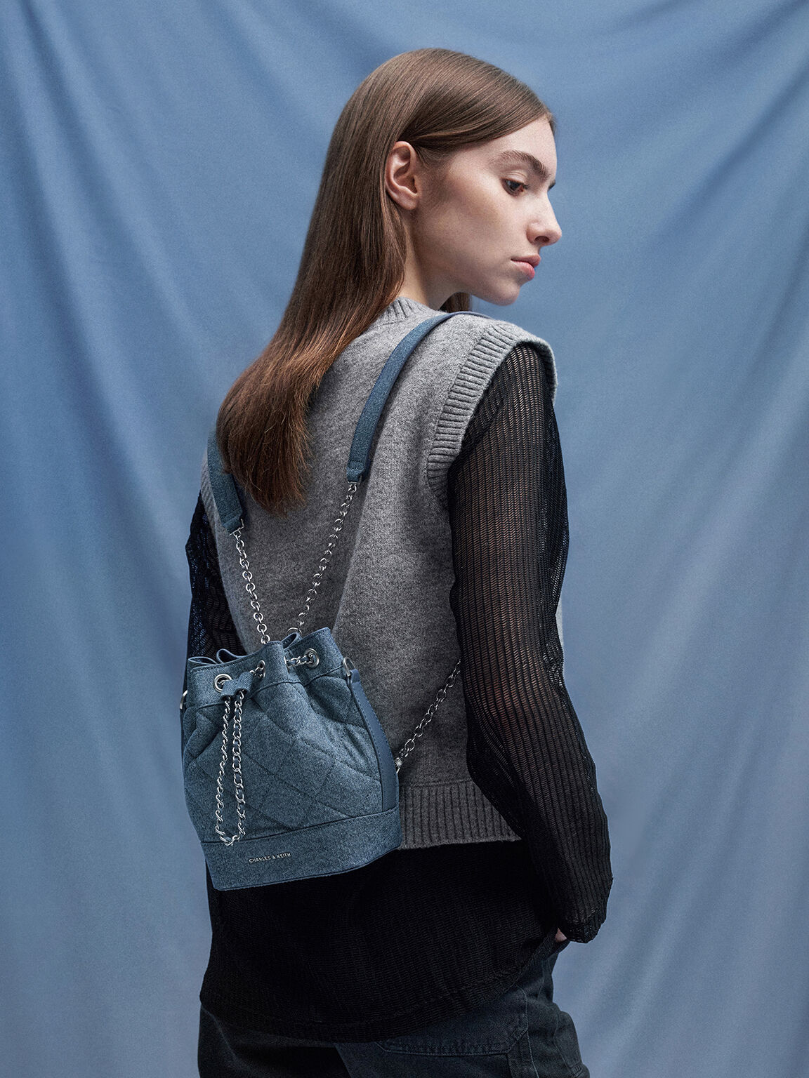 Quilted Denim Two-Way Bucket Bag, Denim Blue, hi-res