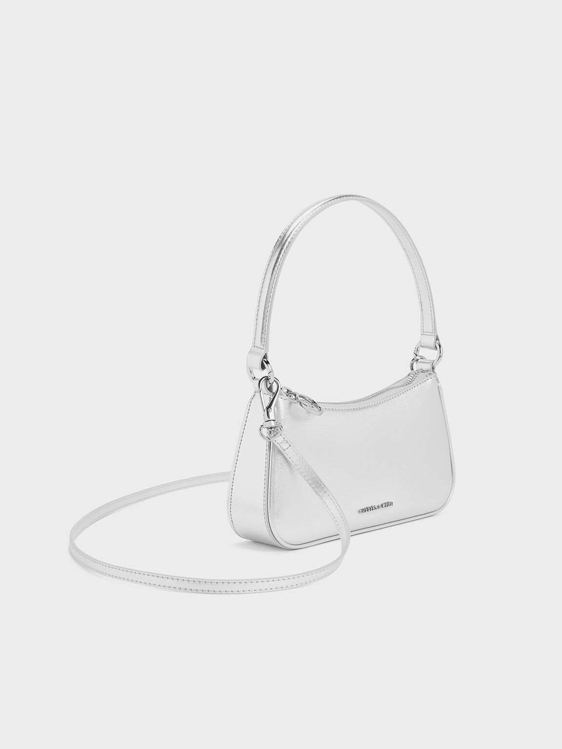 Metallic Curved Shoulder Bag, Silver, hi-res