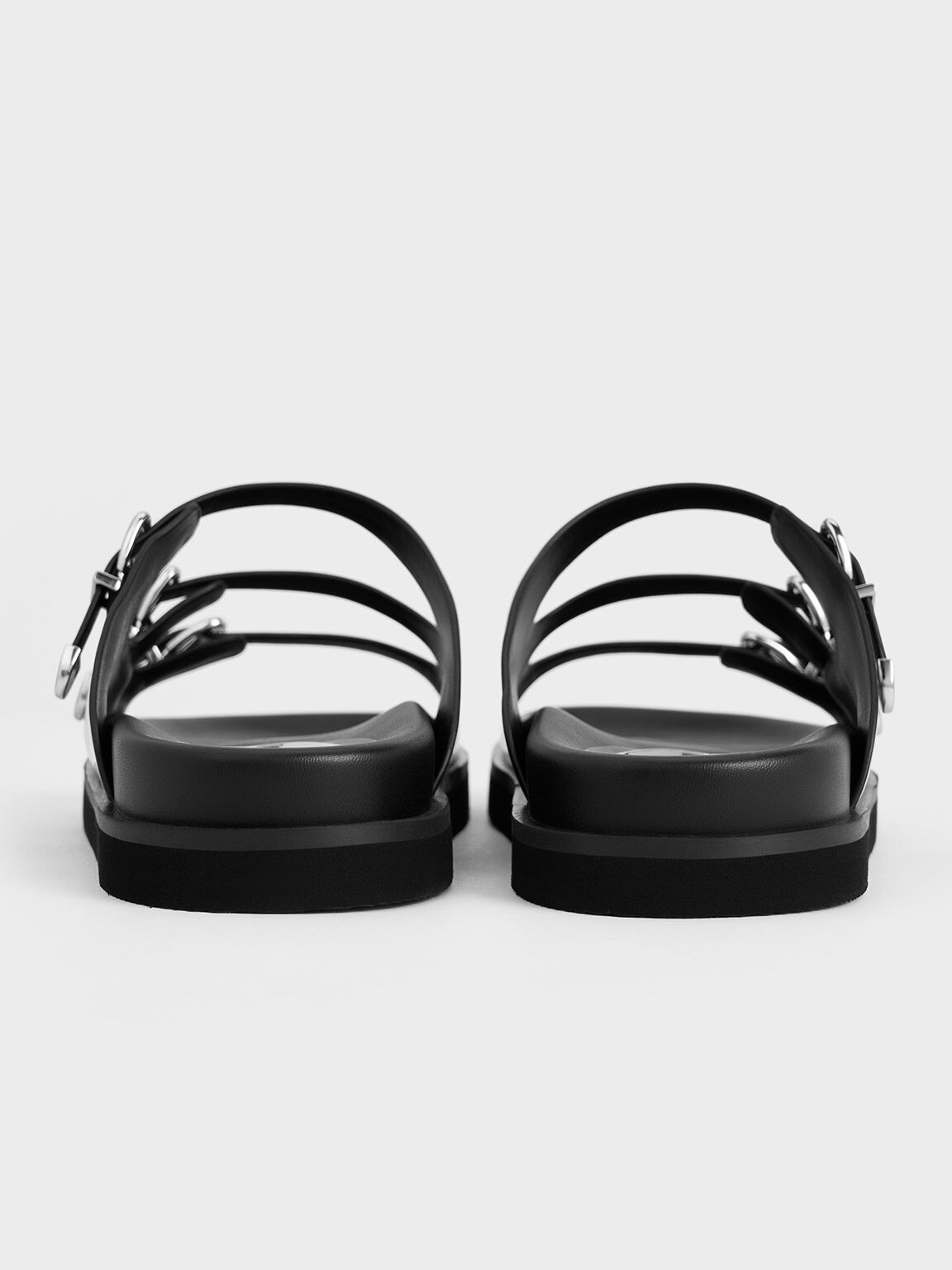 Buckled Triple-Strap Sandals, Black Boxed, hi-res