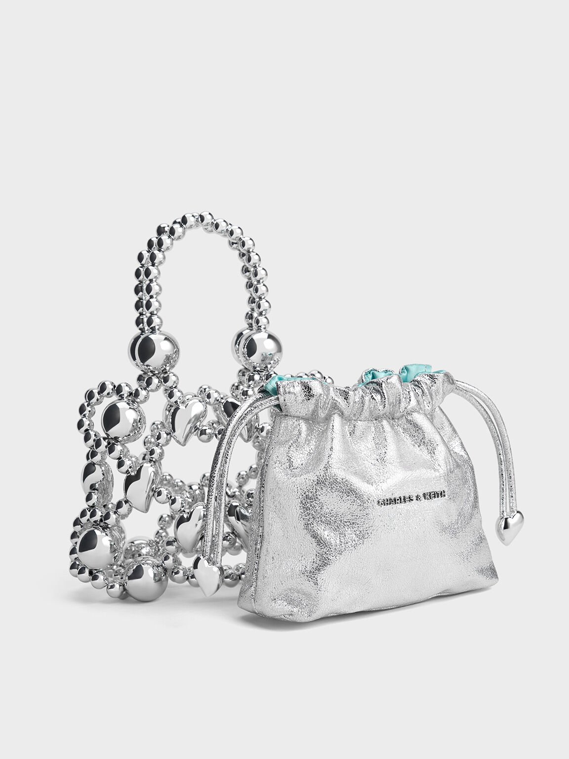 Gift Set: Metallic Beaded Top Handle Bag, Silver, hi-res