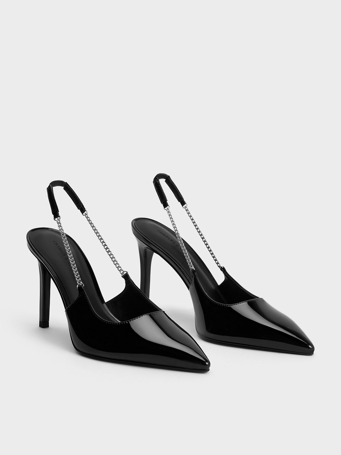 Patent Chain-Link Pointed-Toe Slingback Pumps, Black Patent, hi-res