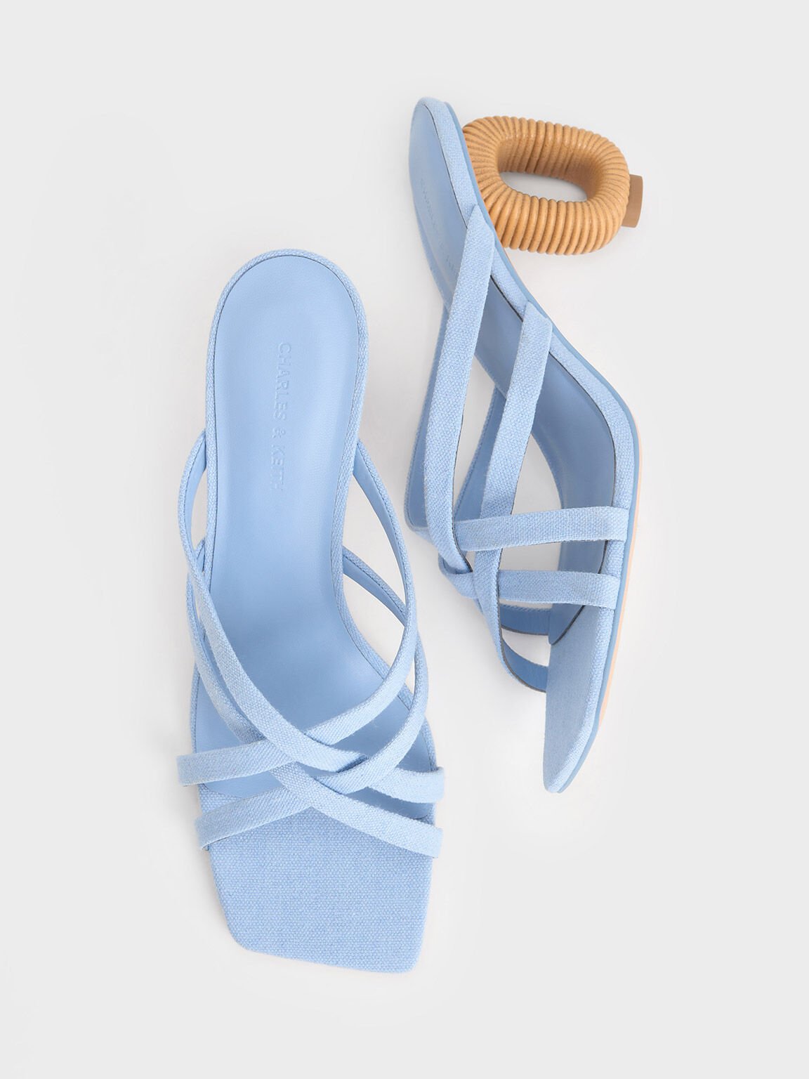 Linen Sculptural-Heel Strappy Mules, Light Blue, hi-res