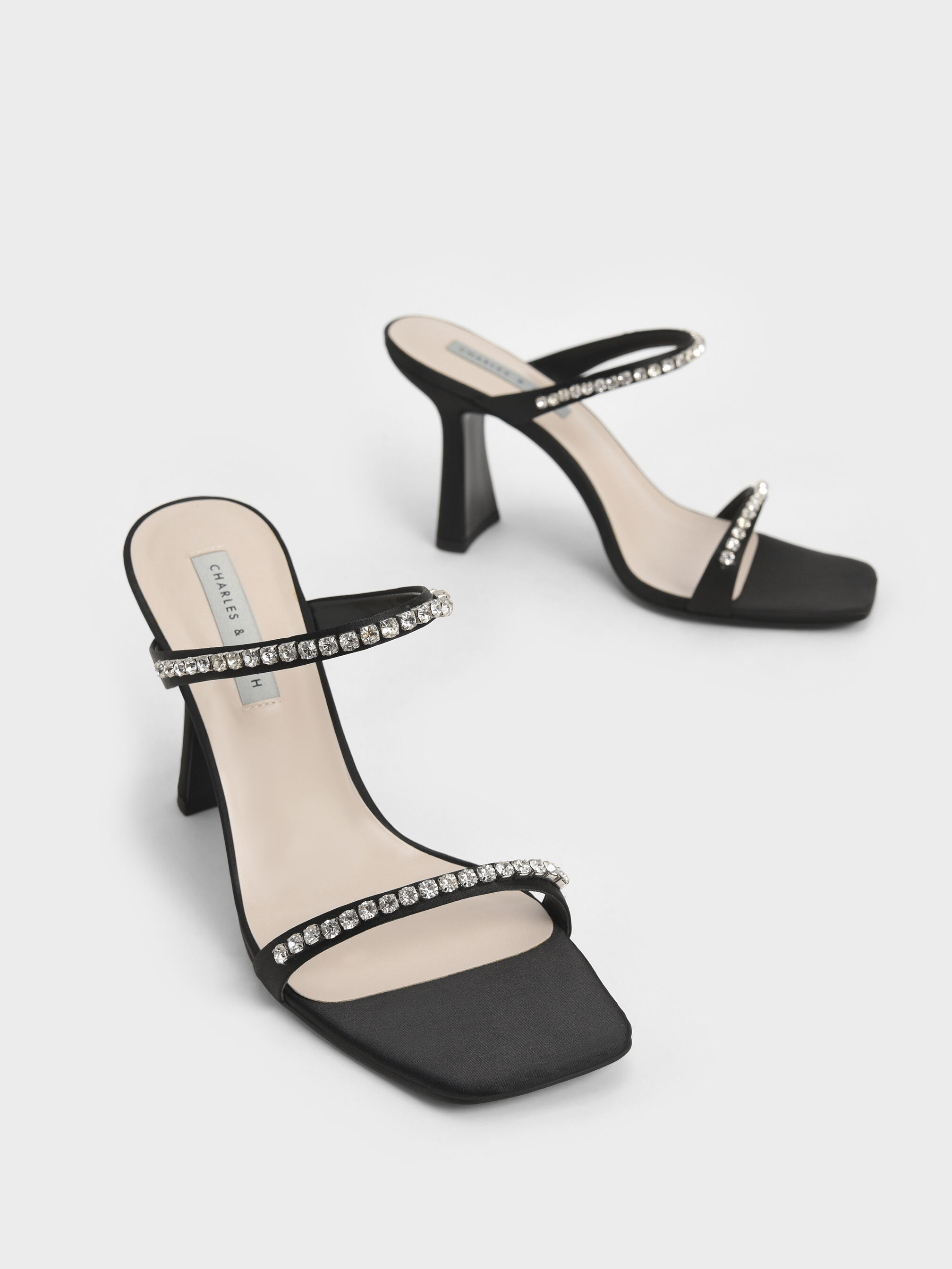 Black Satin Gem-Encrusted Heeled Sandals - CHARLES & KEITH VN