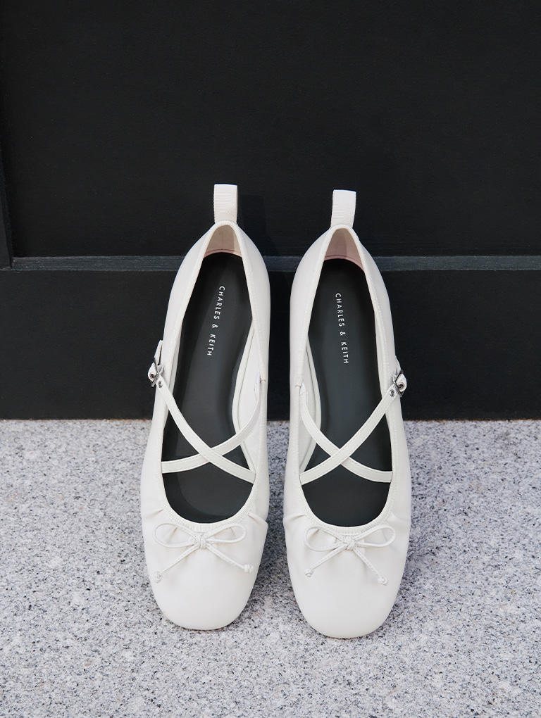 Women's buckled crossover-strap Mary Jane flats in white - CHARLES & KEITH