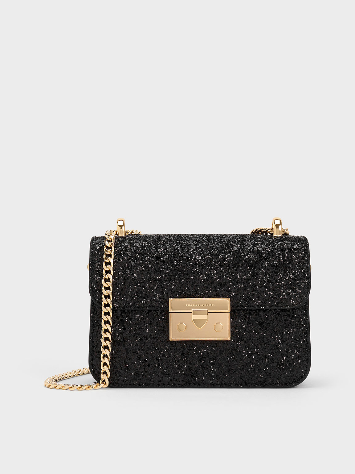 Black Glittered Push-Lock Chain-Handle Bag - CHARLES & KEITH VN