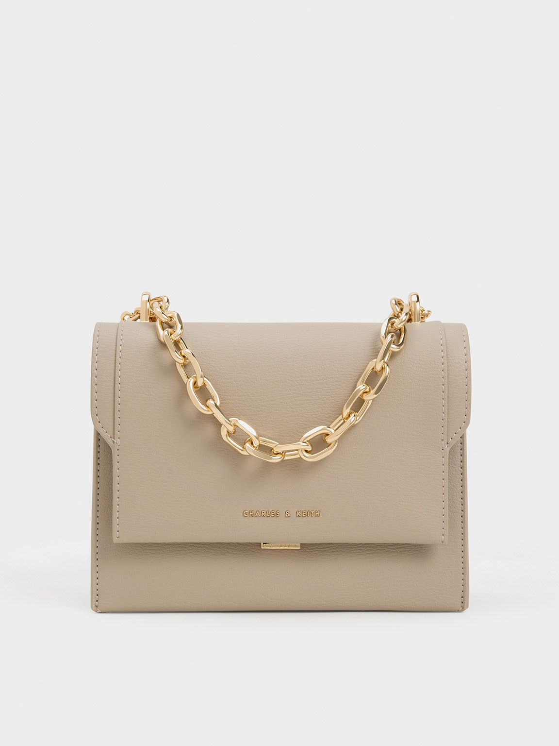 Taupe Front Flap Chain Handle Crossbody Bag - CHARLES & KEITH VN